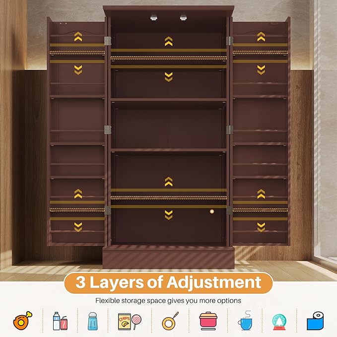 47??Pantry Cabinet, Kitchen Pantry Storage Cabinet with Doors & Adjustable Shelves, Brown Freestanding Buffet Cupboards Sideboard for Living Room and Dinning Room, Sturdy and Durable