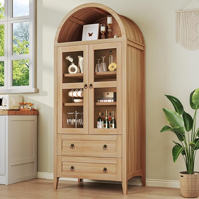 71" Tall Pantry Cabinet, Arched Cabinet, Kitchen Storage Cabinets with 2 Large Drawers & Adjustable Shelves & Glass Door for Living Room, Kitchen, Dining Room, Natrual