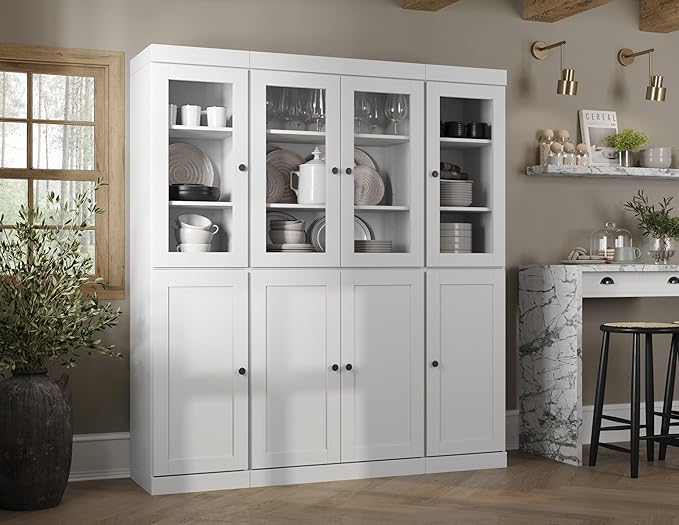Palace Imports 100% Solid Wood Kitchen China Pantry Cabinet, 65" W - 4 Clear Glass & 4 Shaker Doors, Renewable Eco-Friendly Wood, Made in Brazil (White, 8 China/Shaker Doors | NO Drawers)