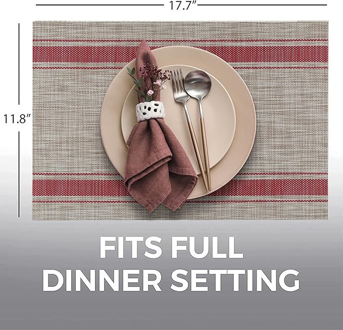 More D챕cor Dining Table Placemats, Washable Heat-Resistant PVC Vinyl Table Mats for Dining Room and Kitchen, Anti-Slip - Set of 4 - Horizontal Striped Red - Grey