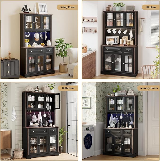 70" Kitchen Pantry Cabinet with Power Outlet| LED Lights, 38" W Kitchen Hutch Storage Cabinet with Countertop, Tall Kitchens Hutch Cabinets for Home Dining Living Room, Black