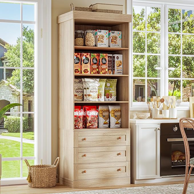 Vyre 71" Tall Farmhouse Kitchen Pantry, Large Storage Cabinets with Glass Doors, Hutch Cabinet with 3 Drawers & Adjustable Shelves for Living Room & Dining Room, Brown
