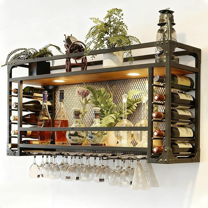 47.2in Wall Mounted Wine Racks, Hanging Wine Rack, Large Capacity Wine Holder, Can Hanging Or Wall Mounted, Simple Type with Light Wine Rack for Bar, Restaurant, Indoor (BLACK, 47.2 * 11.8 * 21.6in)