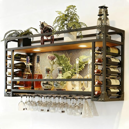 47.2in Wall Mounted Wine Racks, Hanging Wine Rack, Large Capacity Wine Holder, Can Hanging Or Wall Mounted, Simple Type with Light Wine Rack for Bar, Restaurant, Indoor (BLACK, 47.2 * 11.8 * 21.6in)