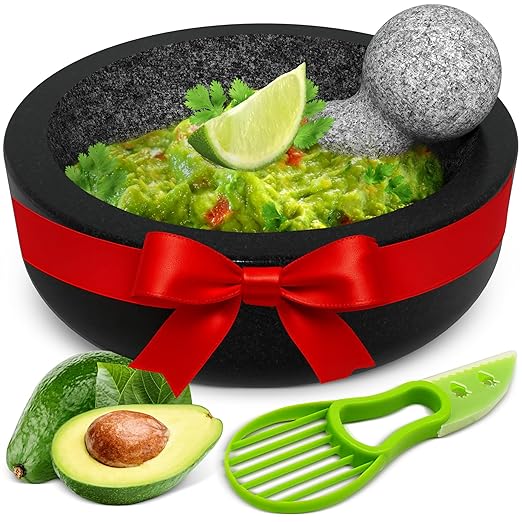 Umien Granite Mortar and Pestle Set - 8-Inch Natural Stone Molcajete with Avocado Tool - 3.5 Cup Capacity for Spices, Herbs, Pestos & Guacamole - Premium Kitchen Christmas Gift (Black)