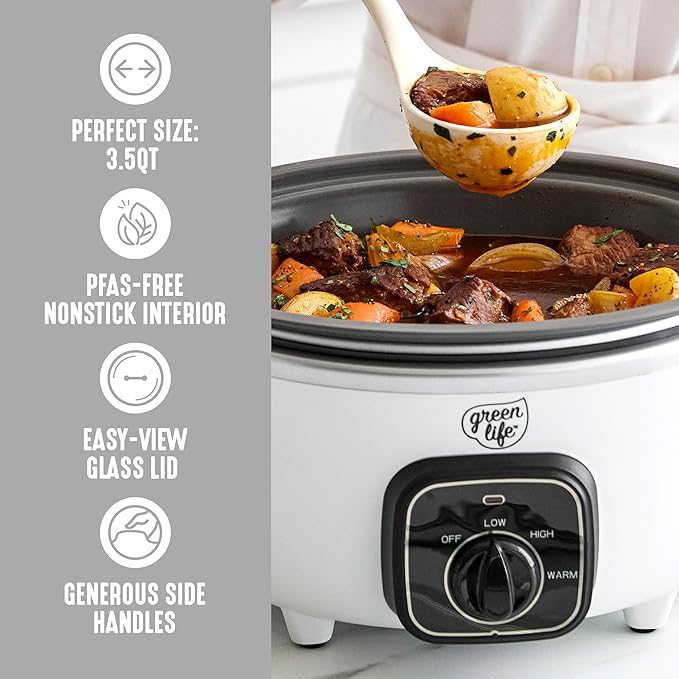 GreenLife 3.5QT Slow Cooker, PFAS-Free Non-Toxic Ceramic Nonstick Removable Interior Bowl, Programmable, Keep Warm, Stovetop & Oven Safe Pot, Dishwasher Safe Crock & Glass Lid, White