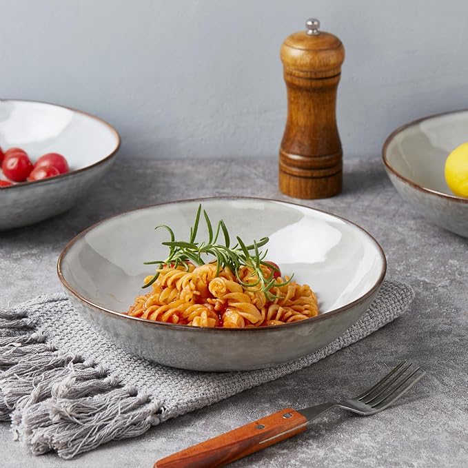 famiware Large Pasta Bowls Set of 4, Ocean Round 8.5" Pasta Serving Bowl Large Dinner Bowls, Kitchen Bowl Set, Microwave and Dishwasher Safe, Scratch Resistant, Grey