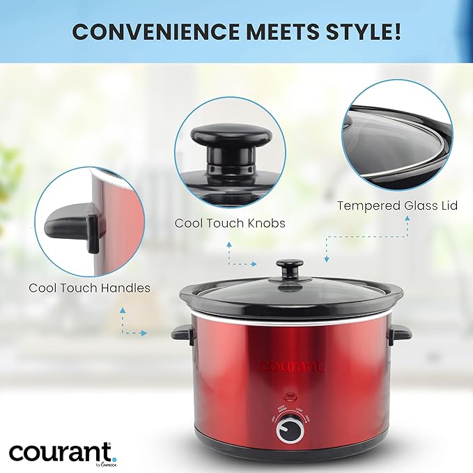 Courant 5.5 Quart Slow Cooker with Removable Ceramic Insert, & Glass Lid With Three Temperature Settings ??Red