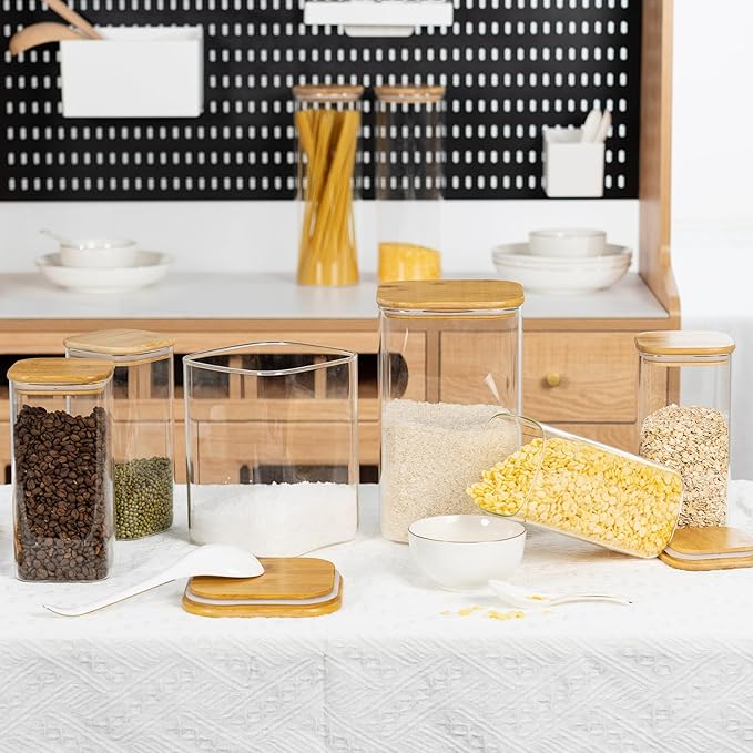 122oz Airtight Glass Square Storage Canister with Bamboo Lid Set of 1 (3600ml) Gallon Glass Jars Large Kitchen Canister for Sugar, Flour, Cookies and Coffee beans (?럚ith Black Lable)