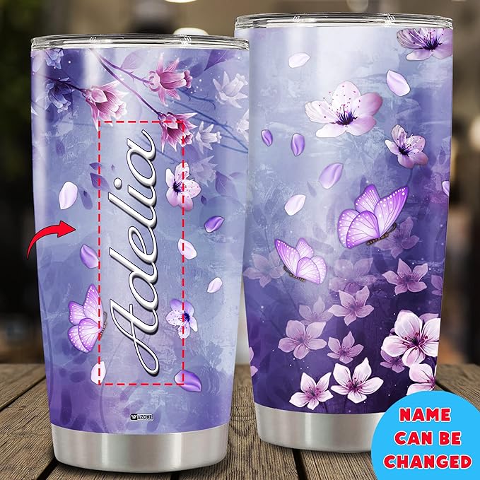 WAZONE Personalized Flower Tropical Insulated Tumbler Cup Custom Name Butterfly Purple Stainless Steel Travel Mug 20oz 30oz Mothers Day Birthday Christmas Gift For Women Girls Floral Lovers