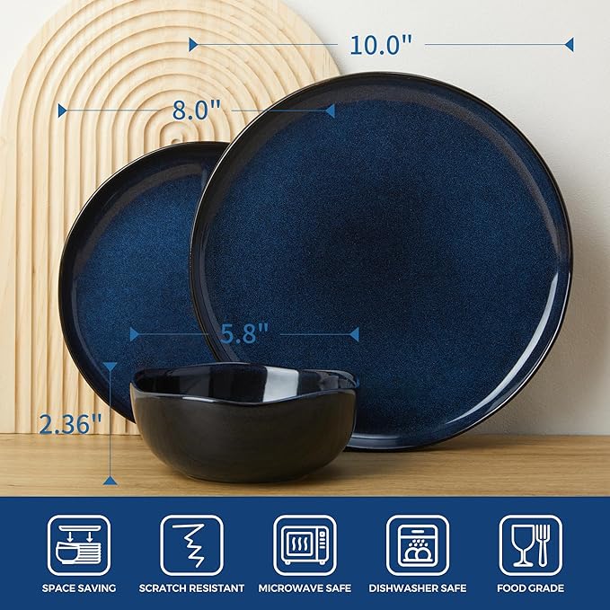 18 Piece Stoneware Dish Set for 6, Reactive Glaze Ceramic Plates and Bowls Set | Coastal?멗nspired Irregular Design for Casual Entertaining & Intimate Dinners | Dishwasher & Microwave Safe