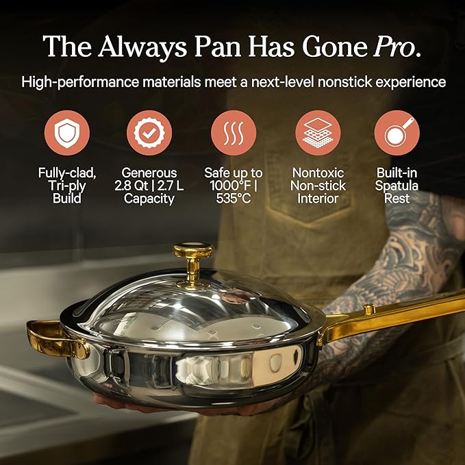 Our Place Titanium Always Pan Pro | 10.6" PFAS-Free Nonstick Frying Pan with Spatula | Chef-Grade Tri-Ply Stainless Steel & Aluminum Build | Induction & Oven-Safe up to 750째F | Gold