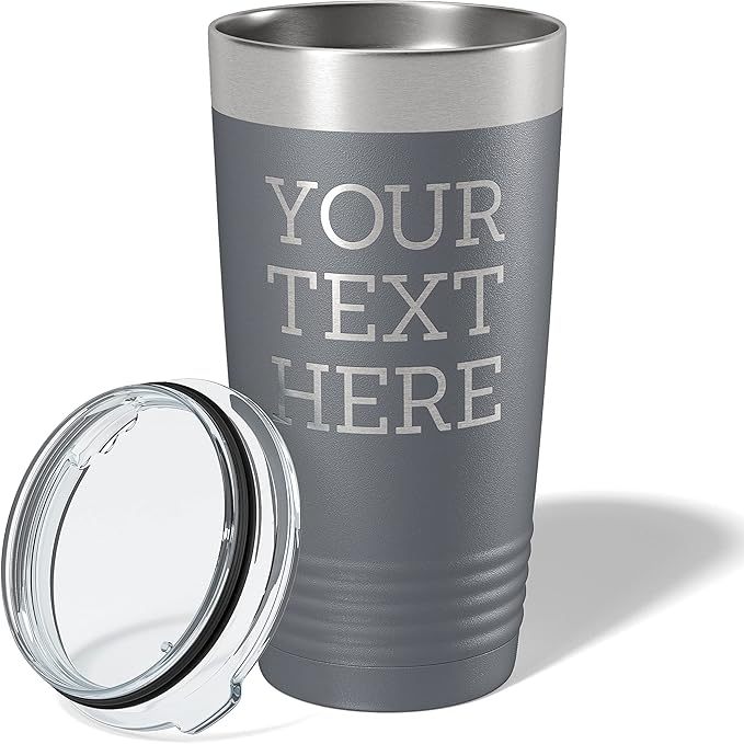 Personalized 20oz (17 Colors) Powder Coated Insulated Stainless Steel Tumbler with Lid, Custom Etched, Customized Text Message Name, Engraved Gift Idea Women Men Him Her, Your Text Here (Gray)