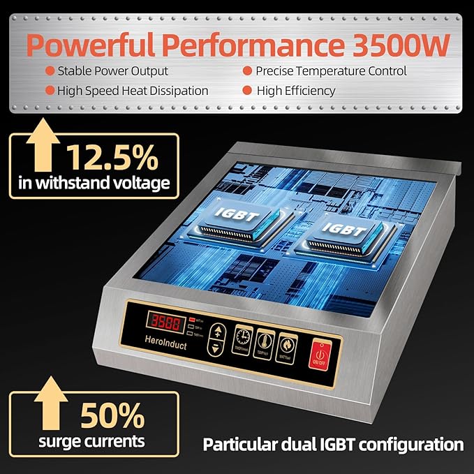 Portable Induction Cooktop 208-240V 3500W Commercial Range Countertop Burner Dual IGBT Modules 8 Heating Level Timer Sensor Push-Button Premium Stainless Steel Housing Ceramic Glass（Black）