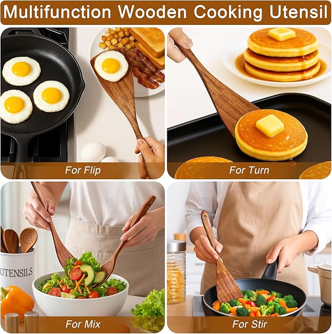 Wooden Spatula Nonstick Turner Acacia Wood, Long Handle Flat Frying Spatulas Handmade for Kitchen Gifts, Ideal Cookware Utensils for Cooking Eggs, Fish, Pancakes