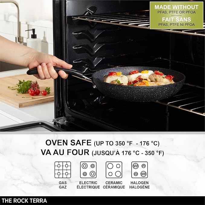 Starfrit The Rock Terra 20cm (8'') Ceramic Non-Stick Fry Pan - Thick Aluminum Base - PFAS Free - Easy to Clean - Black Marble
