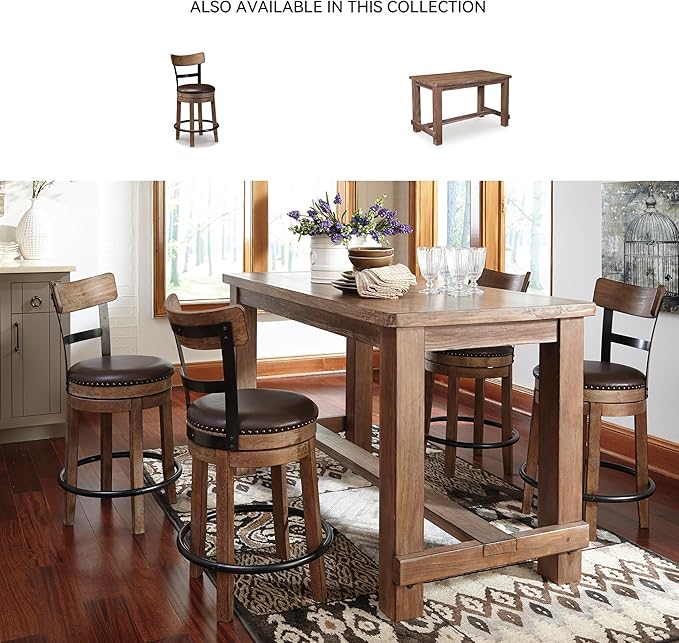 Signature Design by Ashley Pinnadel |24.25" Counter-Height Swivel Bar Stool ??Modern Farmhouse, Faux Leather, 360째 Swivel, Nailhead Trim, Rustic Light Brown