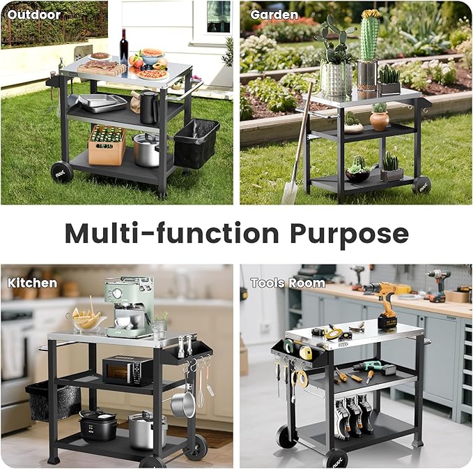 NUUK 3-Shelf Grill Cart for Outdoor with Stainless Steel Top ??20" x 32" Movable Pizza Oven Stand with Wheels Kitchen Prep Table BBQ Cart Worktable