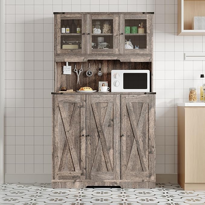 71 in Tall Pantry Cabinet with Charging Station, Farmhouse Kitchen Hutch Display Storage Cabinet with Microwave Stand, Coffee Bar Food Pantry with Glass Doors and Shelves for Living Room, Dining Room