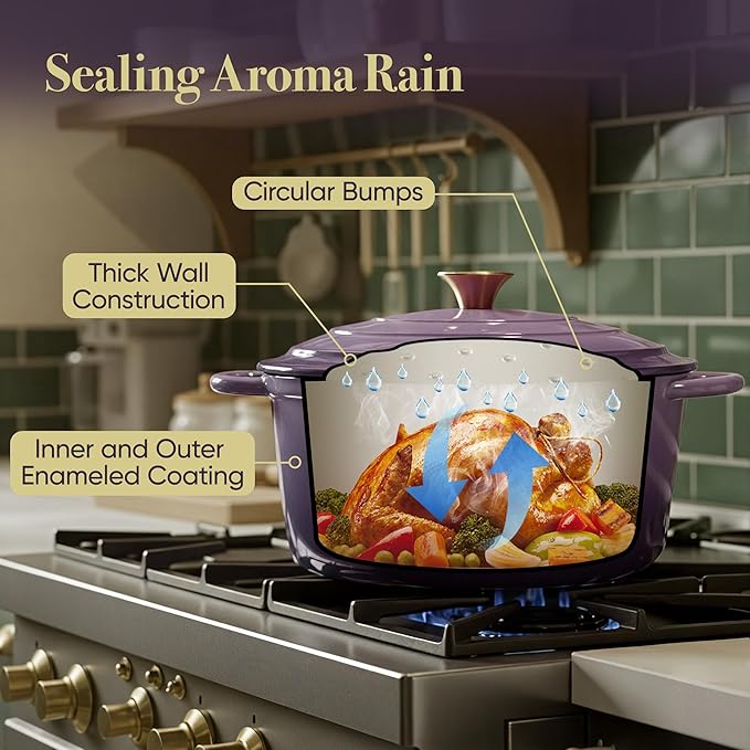 Vintage Style Oval Dutch Oven for Bread Baking, 4.5 Quart Non Stick Enameled Cast Iron Dutch Oven Pot with Lid, Oven Safe Oval Casserole with Lid up to 500째F for Baking, Braising, Stews, Roasting, Purple