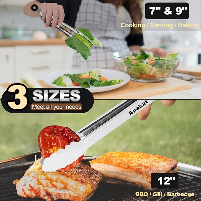Anaeat Premium Kitchen Locking Tong Set of 3 - Heavy Duty Stainless Steel Food Tongs with Long Handle & Non-Slip Silicone Grip for Cooking, Baking, Grilling - Heat Resistant up to 480째F