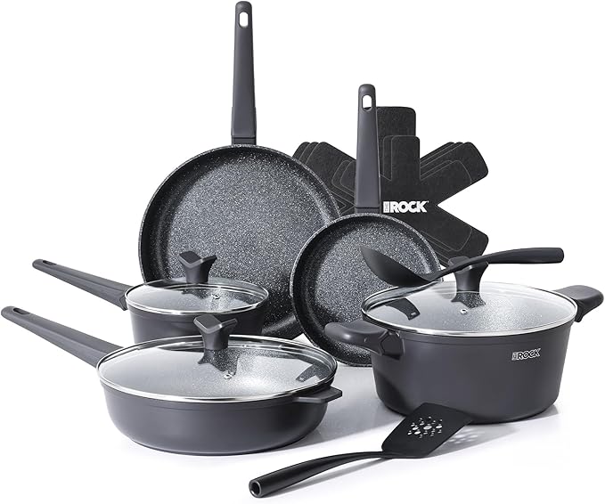 THE ROCK SOHO 15Pcs Cookware Set ??Pots and Pans Set Non Stick with ROCK.TEC ??Compact for Urban Kitchens, Nothing Sticks, Never Warps, Lasts Longer, Induction & Dishwasher Safe, Black