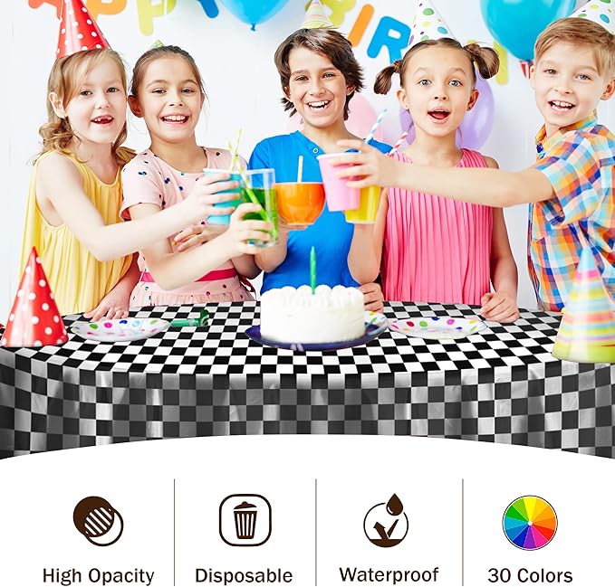 Party Solids Pack Of 6 Premium Plastic Tablecloth 84 Inch Round Plastic Table Cover - Checkered
