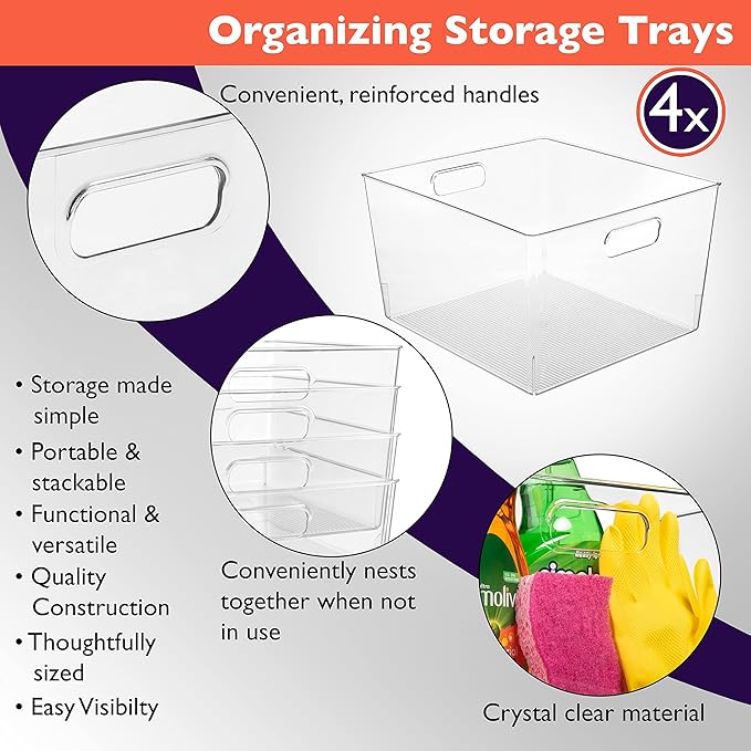 ClearSpace Clear Plastic Storage Bins ??XL 4 Pack Perfect for Kitchen,Fridge, Pantry Organization, Cabinet Organizers