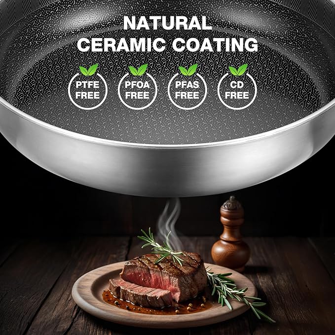 PekGema Hybird Nonstick Frying Pan with Lid 12 inch, Stainless Steel Skillet, Ceramic Non-stick Oven-Safe Chef Pan, Induction Ready, PFOA PFAS FREE Cookware