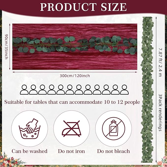 Gilprop 60 Pack Burgundy Table Runner Decor Set 10 ft Cheesecloth Table Runner & 7.9ft Artificial Eucalyptus Garland Boho Gauze Fabric Centerpiece for Wedding, Bridal Shower, Party Decorations