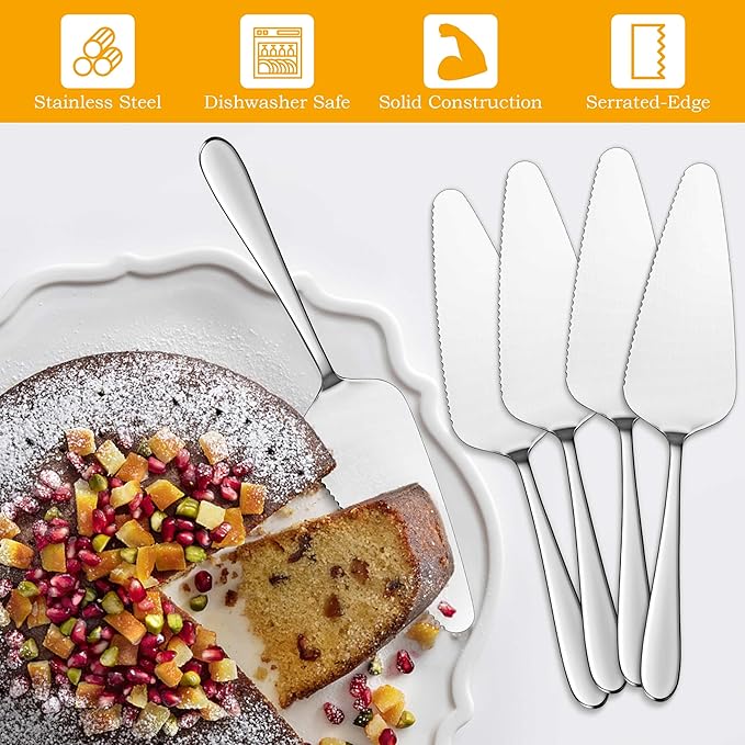 E-far 5-Piece Pie Server, Stainless Steel Cake Server Spatula Cutter for Pastry Cheese Pizza, Serrated Edge with Oval Handle, Mirror Polished & Dishwasher Safe-9 Inch