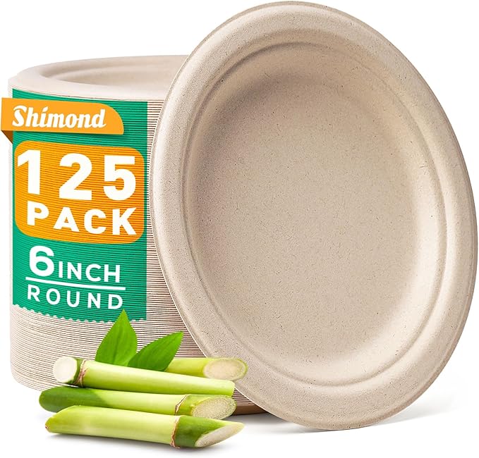 Small Compostable Paper Plates 6 Inch 125 Pack, 100% Compostable Dessert Plates Disposable Eco-Friendly Unbleached Biodegradable Plate Bagasse Natural