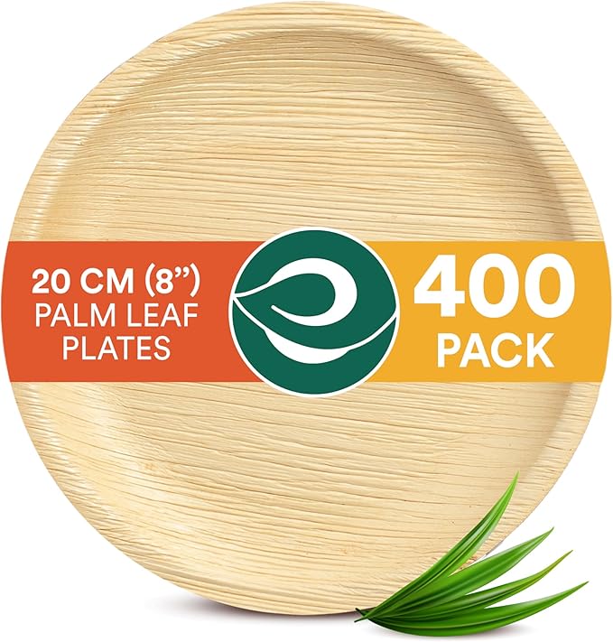 ECO SOUL Palm Leaf Plates 8"(400 Count) Round Compostable Bamboo Plates Heavy- Duty, Biodegradable Eco-Friendly Dinnerware for Christmas Party Dinner, Wedding, Holiday & Event