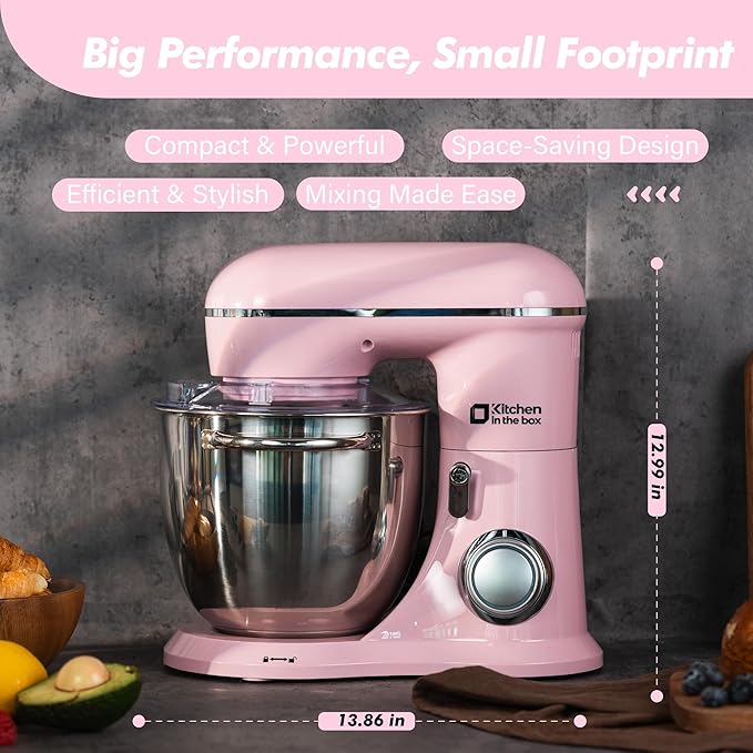 Kitchen in the box Stand Mixer, 6.5QT Electric Food Mixer, 10 Speeds 3-IN-1 Kitchen Mixer for Daily Use with Egg Whisk,Dough Hook,Flat Beater (Pink, 6.5QT)