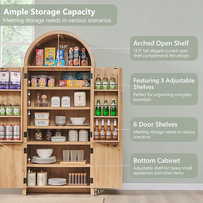71" Tall Arched Bookcase with Doors, Morden Fluted Bookshelf with Storage & 3 Adjustable Shelves, 6 Door Shelves, Wooden Floor Standing Versatile Cupboard for Home Office, Living Room, Natural
