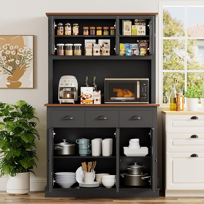 71" Kitchen Hutch with Charging Station, Tall Pantry Storage Cabinet with Microwave Stand, Adjustable Shelves, Slide Drawers, Large Buffet Pantry Cabinet for Kitchen, Dining Room, Black