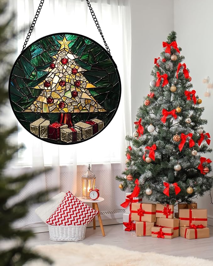 Stained Glass Window Hanging - Golden Christmas Tree Suncatcher for Doors Home Christmas Decoration Winter Sun Catcher Thanksgiving New Year Birthday Gifts for Women Men Mom Nana Girl 6.3 in