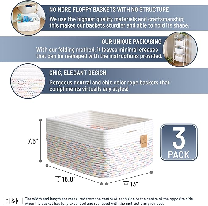 NaturalCozy Storage Baskets 16.8?쓝13?쓝7.6??Cotton Rope Woven Baskets for Organizing 3-Pack | Toy Storage Bins | Basket for Shelves, Laundry, Blanket, Clothes, Closet, Kitchen, Bathroom, Gifts