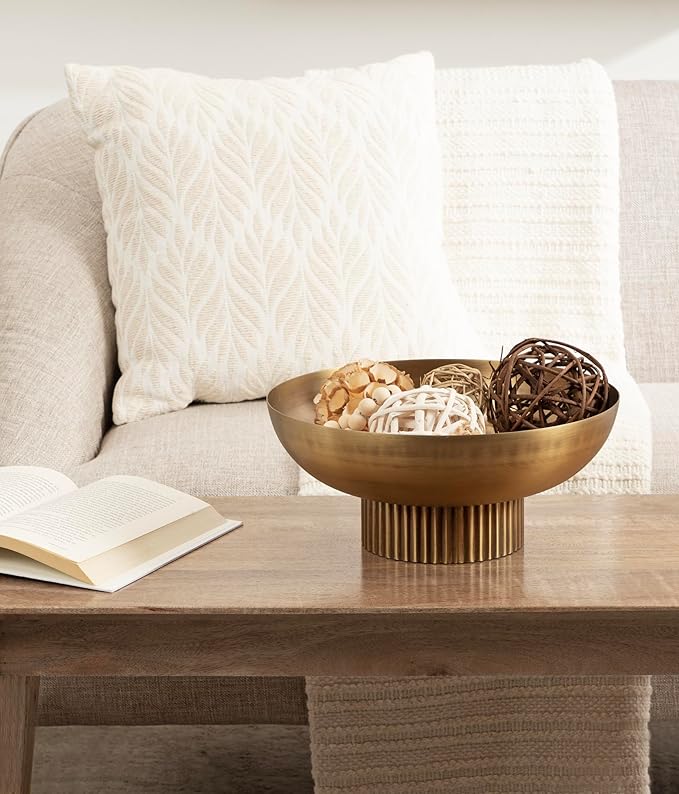 Kate and Laurel Rooks Ribbed Decorative Metal Bowl; 12 Inch Diameter; Brass; Modern Raised Fruit Bowl for Kitchen Counter or Use as a Key Bowl for an Entryway Table