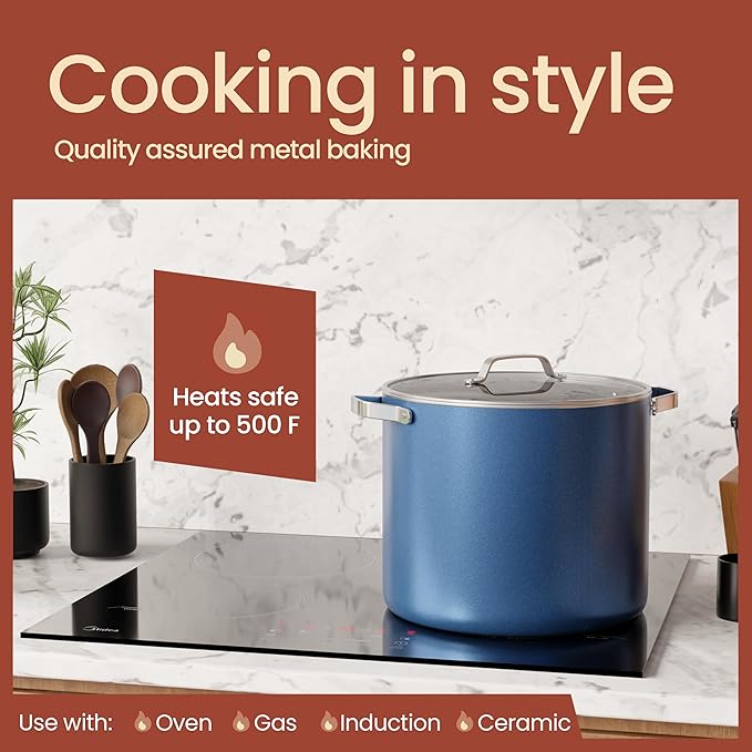 Bakken 16 Quart Ceramic Coated Stock Pot with Lid, Easy Clean Nonstick Pot, Tempered Glass Lid, Riveted Stainless Steel Handles, Oven Safe Up To 500째F, PTFE & PFAS Free, All Stove Compatible, Blue