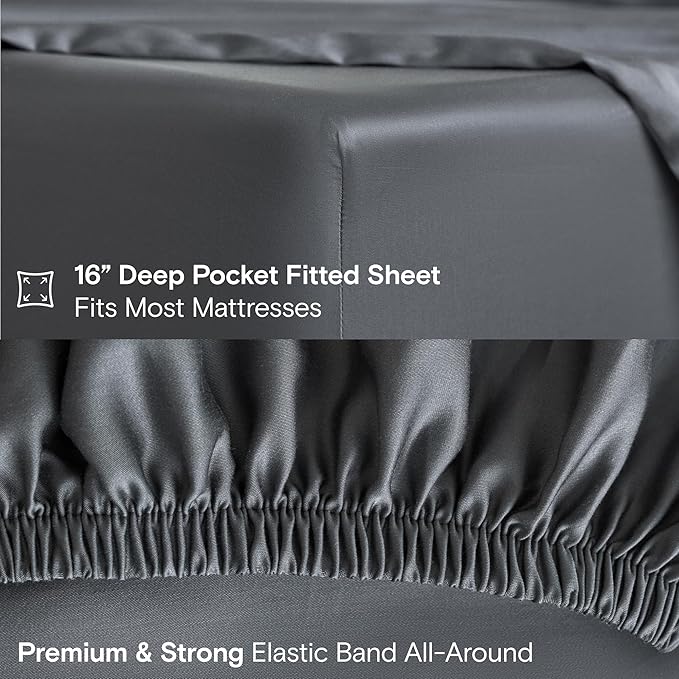 DOZ Sheet Set, 100% Viscose derived from Bamboo, Organically Grown, Buttery Soft, Cooling Sheets, High GSM, Deep Pockets - 4 Piece - 2 Pillowcases 1 Fitted 1 Top Sheet (Storm, Queen)