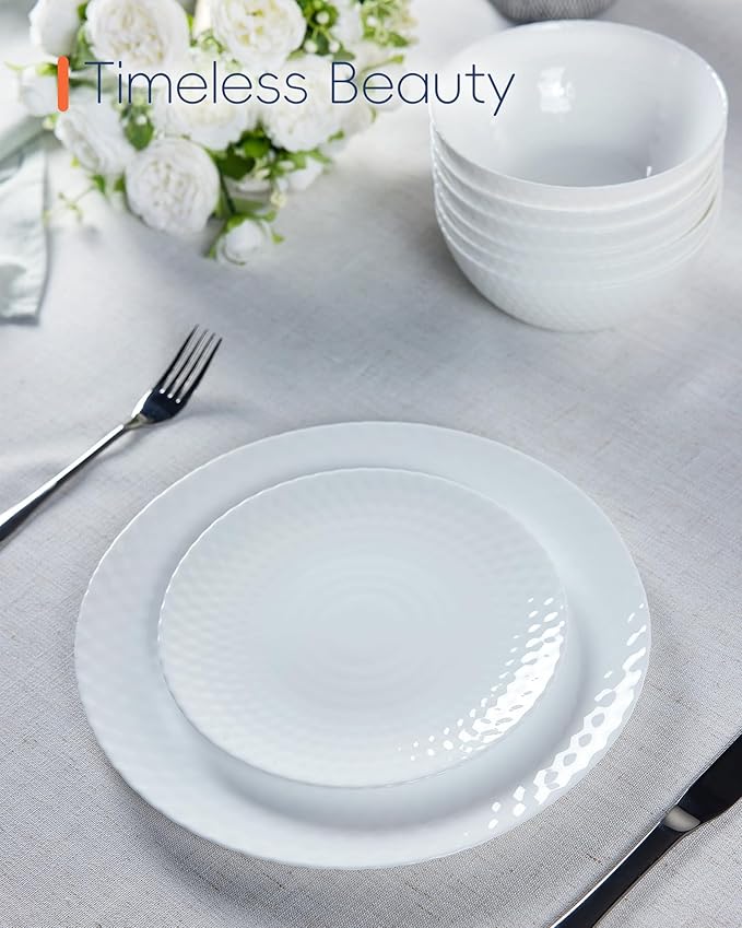 10.5 inch Dinner Plate Set of 6, Round Opal Glass Geometric Faceted White Dinnerware Plates, Dishwasher and Microwave Safe