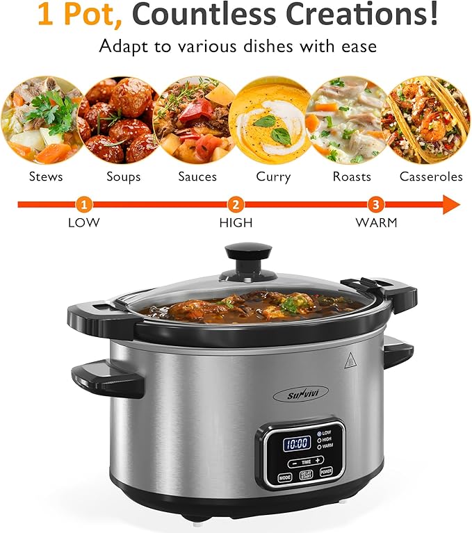 4qt Slow Cooker, Programmable Slow Cooker with Locking Lid, Removable Ceramic Pot, 3 Heating Settings & Time Control, Mini Food Warmer with Dishwasher-safe Lid & Pot, Silver