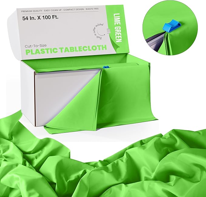 Exquisite Lime Green Plastic 54x100in Rectangular Tablecloth Roll with Built-in Cutter, 100 Feet, All-Season