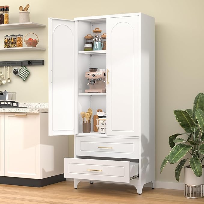75??Tall Kitchen Pantry Cabinet,Metal Storage Cabinets with Doors and Adjustable Shelves竊똌odern Kitchen Hutch Cabinet,Freestanding Cupboard for Dining Room