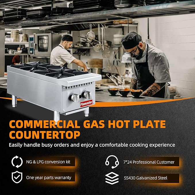 2 Burner Commercial Hot Plate, 12" Countertop Gas Stove Stainless Steel Natural Gas Range with Propane Conversion Kit Cooking Equipment for Restaurant Kitchen-50000 BTU
