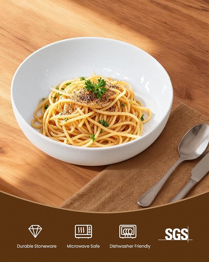 Pasta Bowls Set of 8, 34oz Speckled Ceramic Bowls Set for Serving Salad, Pasta, Soup, Dinner, 8" Wide and Deep Bowls, Dishwasher & Microwave Safe, Matte Terracotta Base (Pure White)