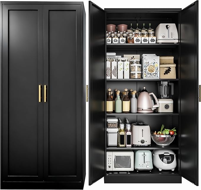 Kitchen Pantry Cabinet,71??Metal Tall Pantry Storage Cabinet with Doors and 4 Adjustable Shelves,Kitchen Storage Cabinets Black Freestanding Food Cabinet for Pantries, Kitchen, Livingroom, Dining Room