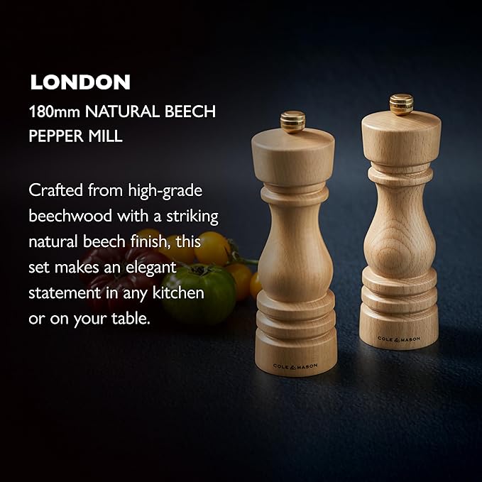 Cole & Mason London Refillable Spice Mill - Kitchen & Home Accessory - Table Black Pepper Grinder - Pepper Mill with Carbon Steel Mechanism - 7", Natural Beech