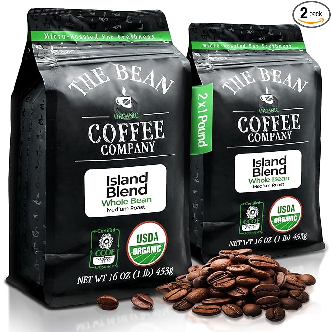 The Bean Organic Coffee Company Island Blend, Medium Roast, Whole Bean Coffee, 16-Ounce Bags (Pack of 2)
